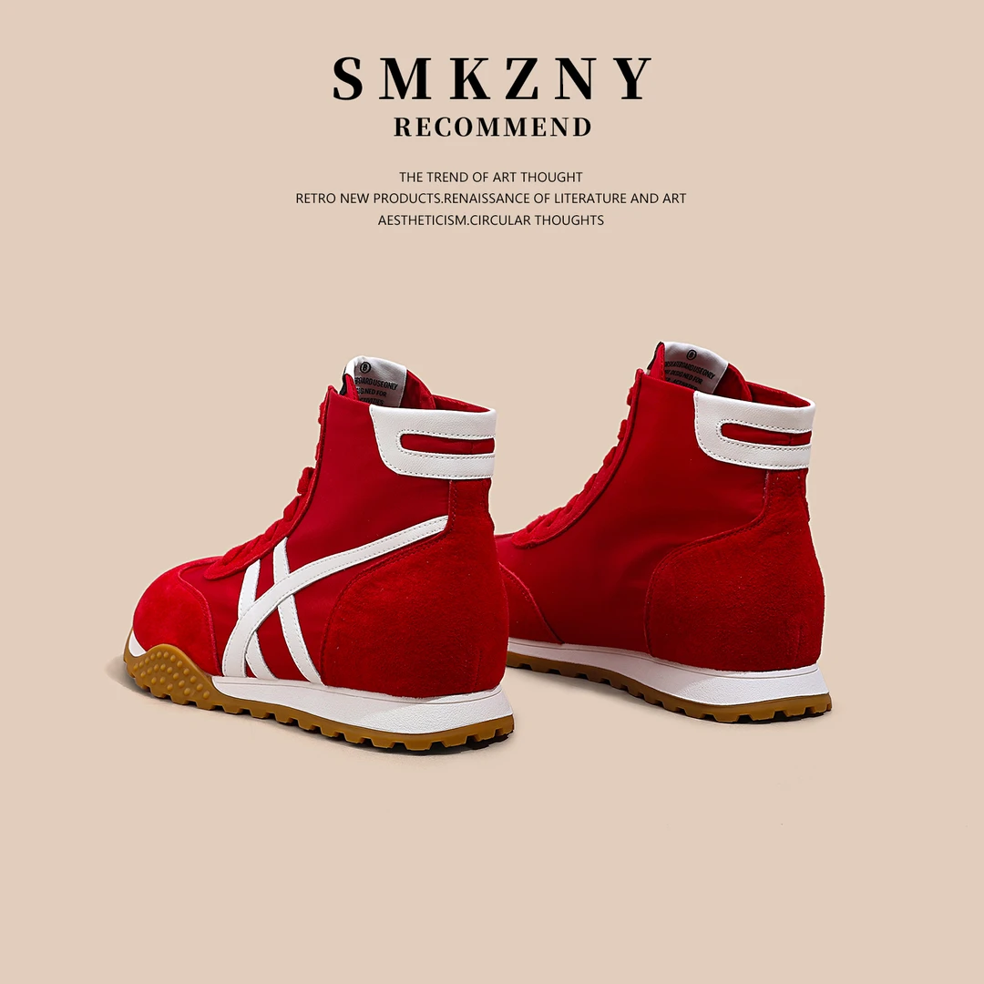 SMKZNY红色高帮阿甘德训鞋女款夏季百搭真皮薄款透气运动休闲板鞋