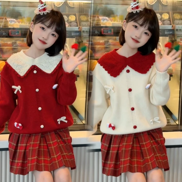 女童新年裙子套装冬装2025新款女孩小香风红色毛衣大童本命年衣服
