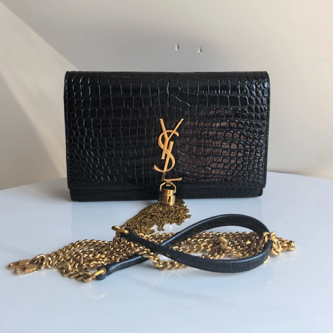 99新 YSL/圣罗兰 黑金KATE小号鳄鱼压纹单肩斜挎链条包流苏包