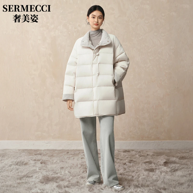 奢美姿时尚立领羽绒服女中长款2025年冬季新款简约保暖拼接撞色外