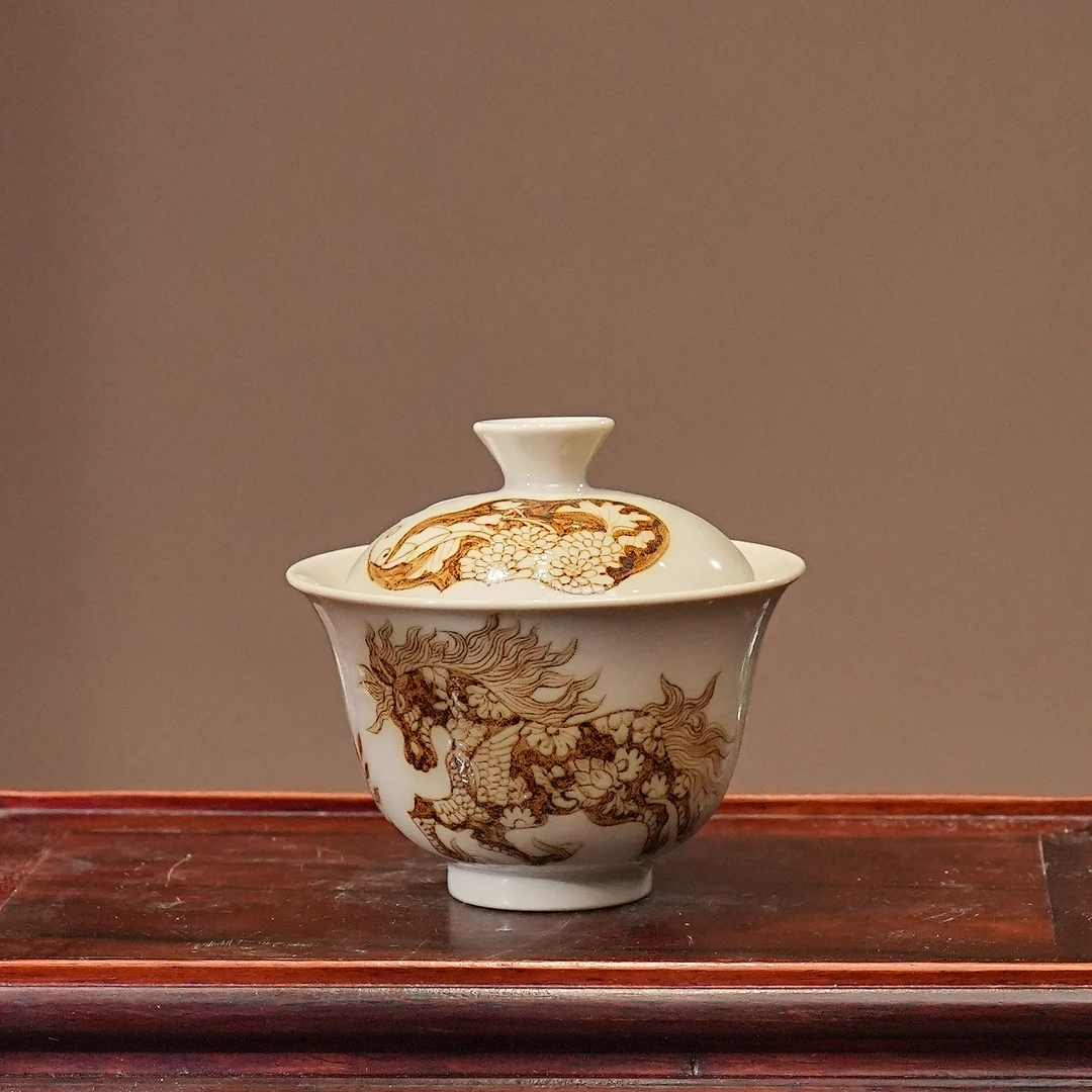 渐升堂釉里金五花马盖碗景德镇茶杯茶具茶室男女必备用品网红茶器