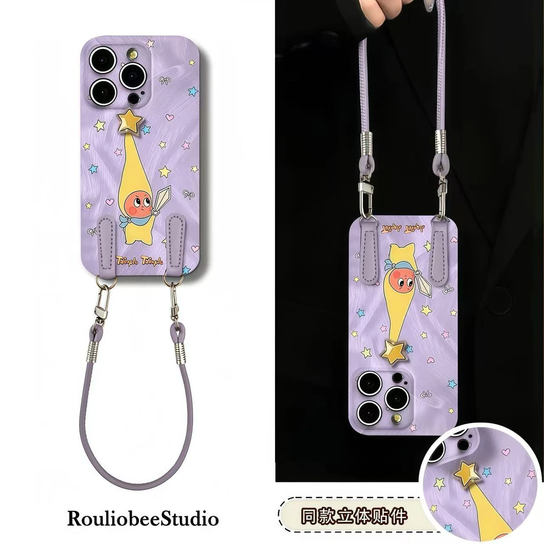 紫色持剑卡通人挂绳适用苹果17手机壳iPhone16华为vivo小米15oppo