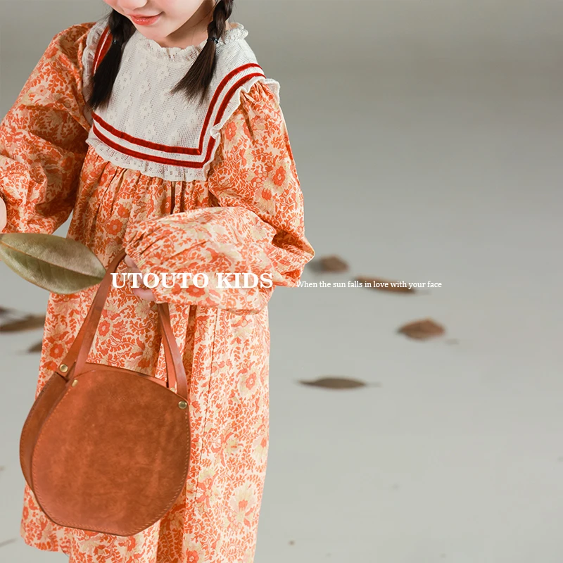 utouto大耳象女童拼接领碎花连衣裙2025秋季新款纯棉裙子2501420