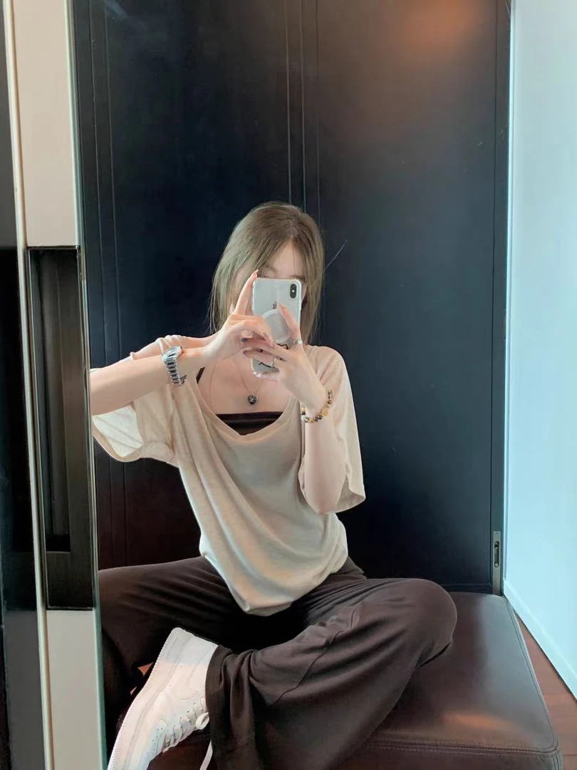 大码挂脖吊带短袖t恤阔腿裤三件套女胖mm巨显瘦穿搭一整套装9843