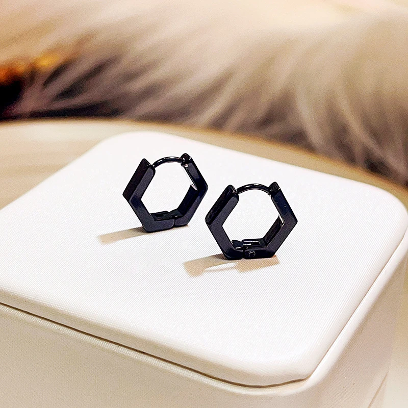 不锈钢锦纶耳饰 金属风多边形耳扣黑色几何形个性创意设计简约时