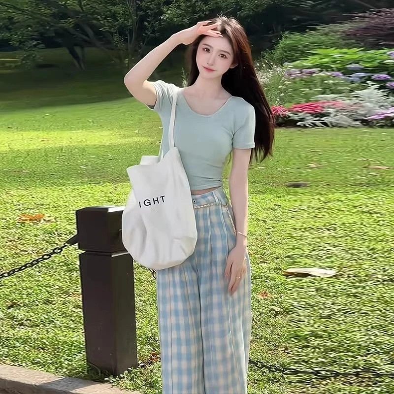 2025夏季辣妹新款修身百搭U领T恤上衣设计感休闲气质格子裤两件套