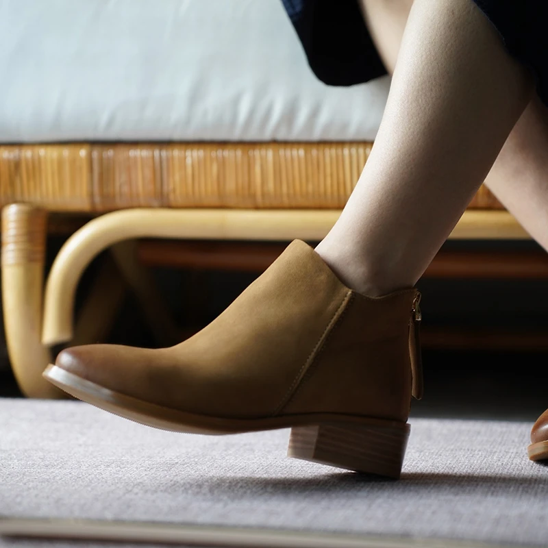 壹家shoes033040羊皮/牛皮短靴3cm圆头时尚踝靴2025秋冬真皮女靴