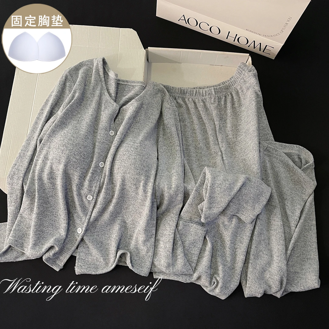 羊绒磨毛睡衣女秋冬季带胸垫保暖灰色休闲舒适ins加厚家居服套装