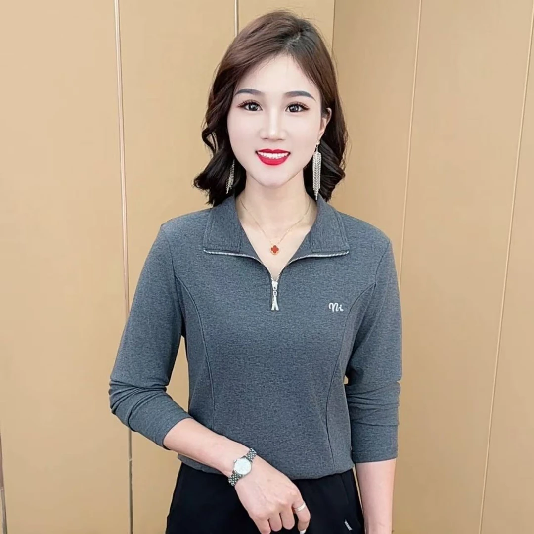 秋季新款时尚半拉链刺绣纯色简约t恤休闲气质百搭长袖上衣M55102