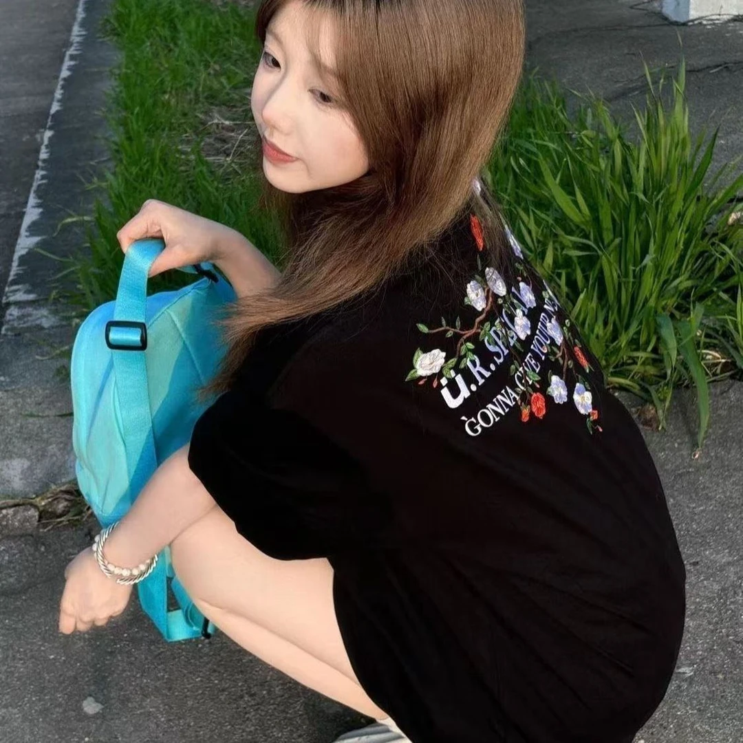 刺绣美式纯棉短袖t恤女小个子设计感小众学院风宽松半袖上衣ins韩