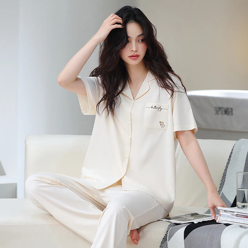 凉感睡衣女士纯棉夏季爽棉开衫套装短袖长裤简约家居服时尚柔软