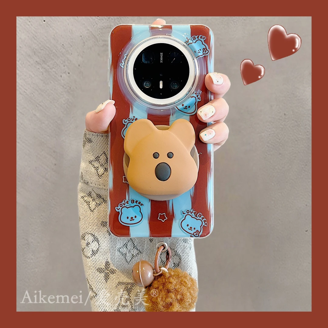适用华为mate70pro+手机壳蓝棕条纹Mate60pro+小熊硅胶磁吸支架女