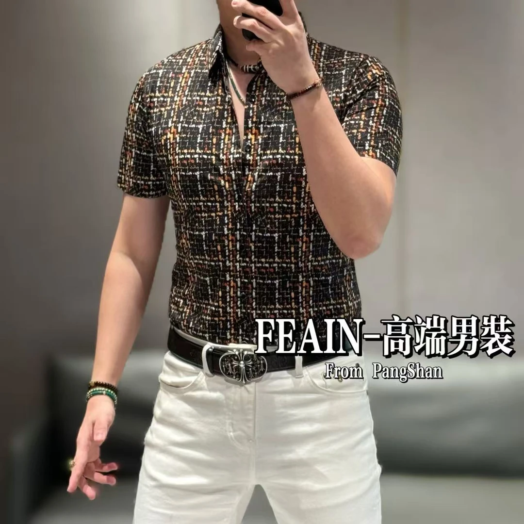 高端定制男士弹力莱卡6D立体编织纹直喷工艺修身裁剪短袖衬衫0322