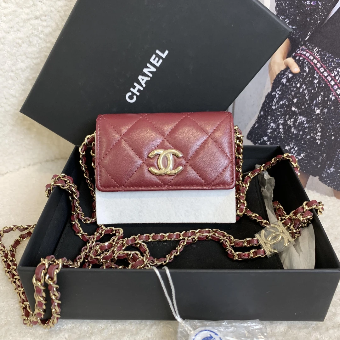 99新 Chanel/香奈儿 壹臻su/23s酒红色羊皮双C 链条 woc 87554118