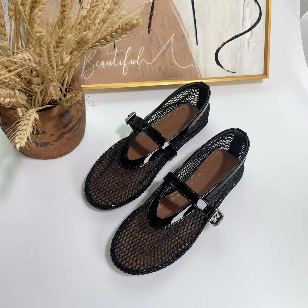 真皮镂空高跟网面凉鞋女夏季一字扣圆头玛丽珍平底芭蕾风透气女士