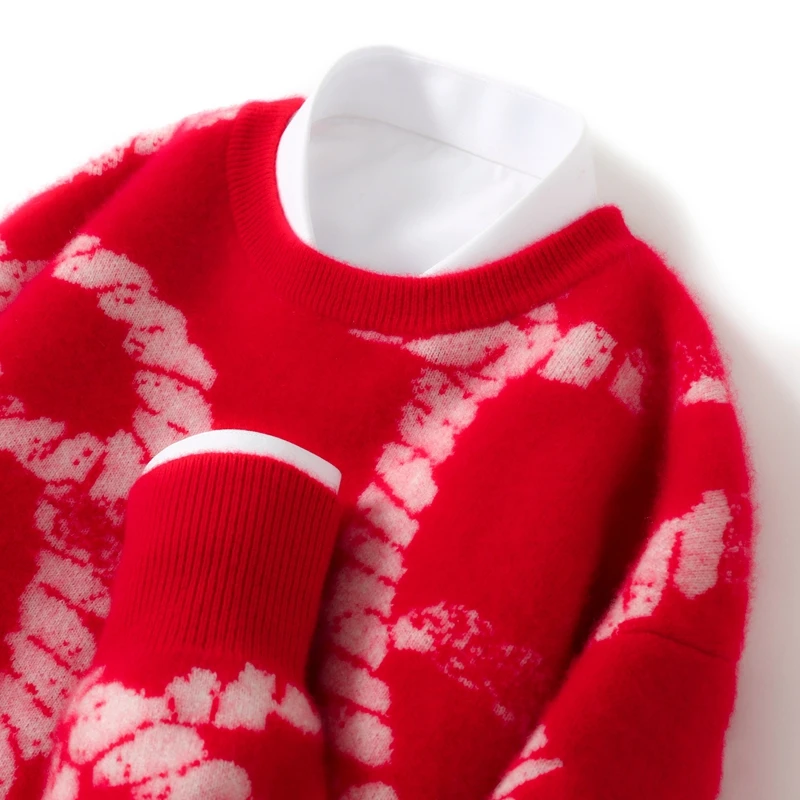 新年款本命年羊毛衫男士圆领拼色加厚针织套头毛衣宽松红色打底衫