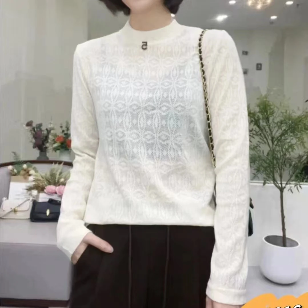 秋季新款圆领内搭打底衫提花常规袖气质修身长袖女士圆领半高领