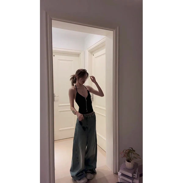 黑色系带V领挂脖吊带背心女夏外穿辣妹修身显瘦短款上衣+裤子套装