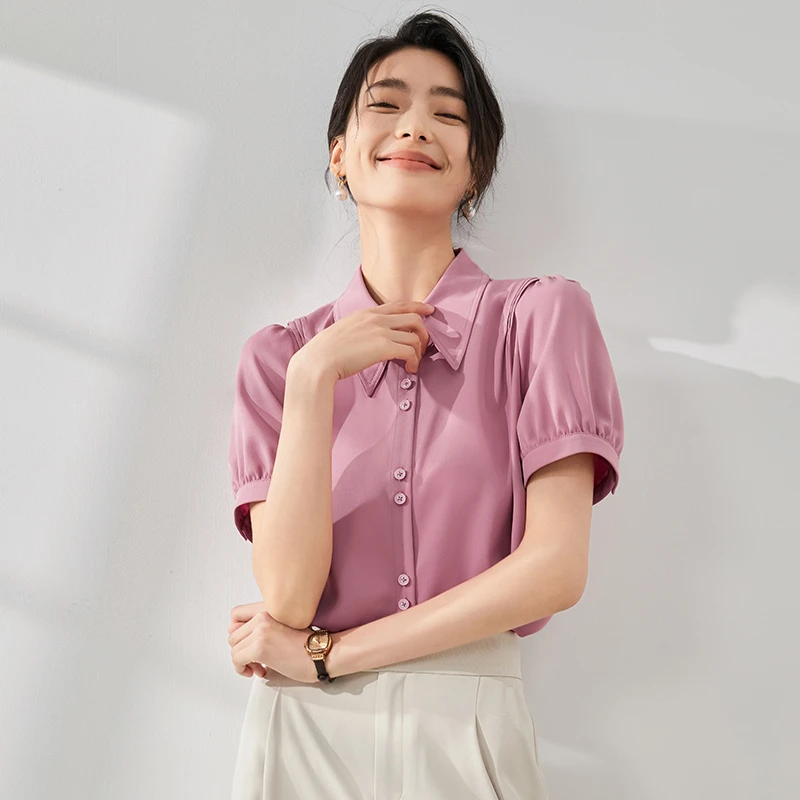 【曼贝】气质风短袖衬衫女时尚百搭设计感职业衬衫女8392085【妮妮】