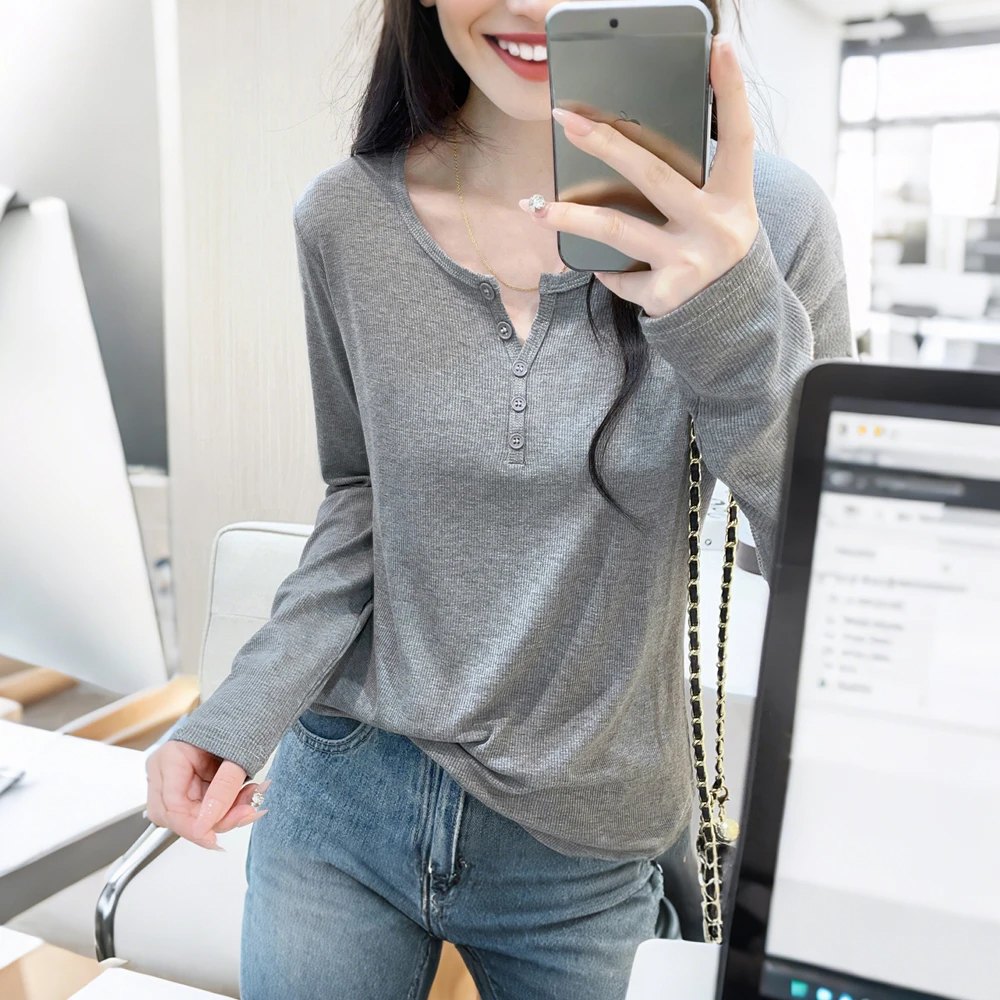 高级感休闲半开领长袖T恤女早秋修身显瘦螺纹正肩基础款百搭上衣