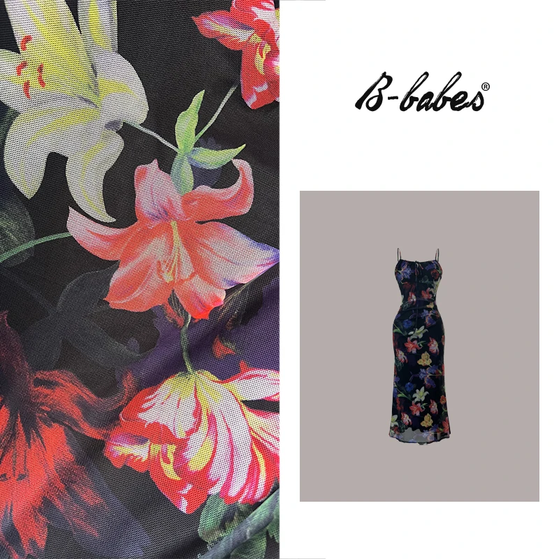 B-babes【陌上生花】法式性感度假风印花吊带微胖收腰花卉连衣裙-倾