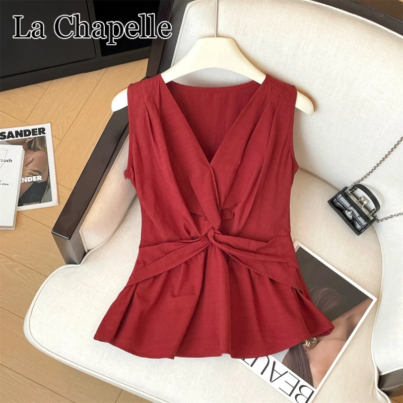 拉夏贝尔经典纯色时尚百搭无袖上衣夏季新款气质宽松显瘦纽结衬衫