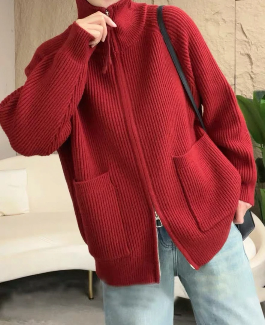秋冬新款韩版慵懒风双拉链翻领针织开衫纯色宽松显瘦女士毛衣外套