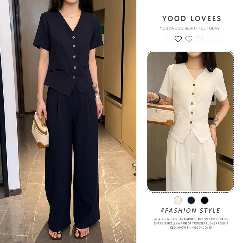 2026夏季新款时尚韩系V领短袖上衣阔腿裤两件套显瘦宽松休闲套装