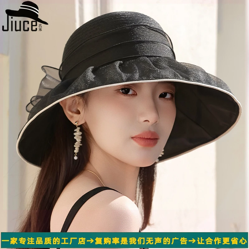 贵气优雅欧根纱防晒帽夏季女士户外防紫外线花朵遮阳帽妈妈太阳帽