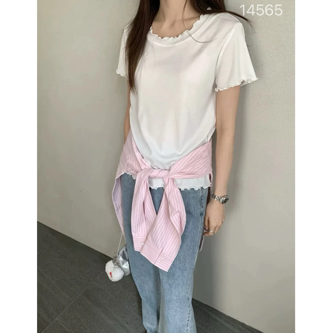 14565（部分无水洗唛，介意慎拍）WANGDAN新款木耳边净版短袖