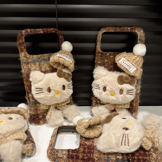 新款秋冬可爱毛绒KT猫手机壳适用苹果17手机壳网红女款毛绒壳