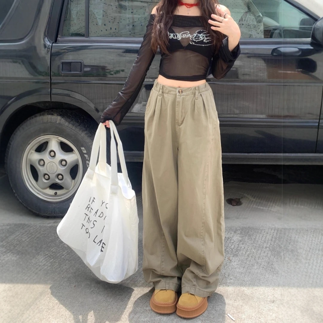 复古卡其色弯刀休闲裤女2025秋季新款美式显瘦做旧宽松阔腿长裤子