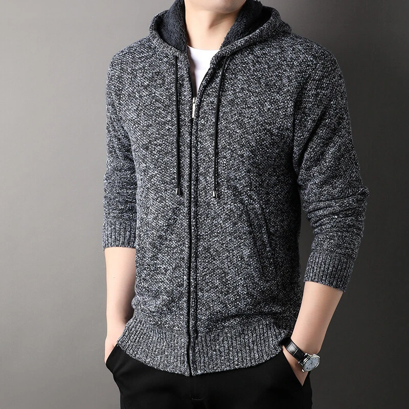 【爆款推荐】时尚简约百搭加绒连帽开衫男士针织毛衣C-03