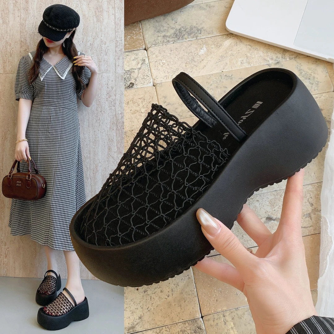 厚底松糕包头凉拖鞋女2025夏季新款百搭小个子网面透气软底拖鞋