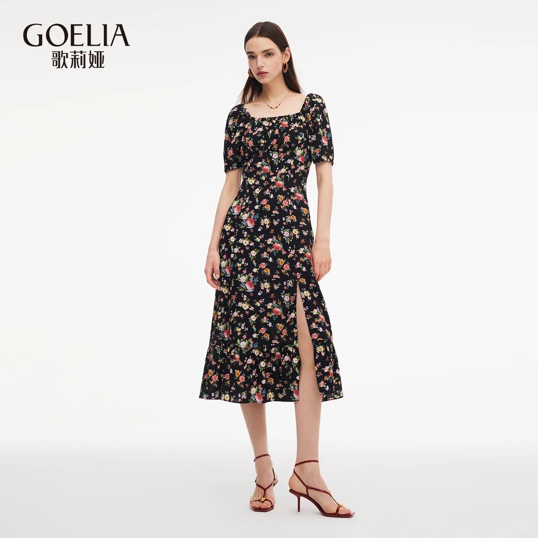 【福利款】歌莉娅夏季印花方领通勤连衣裙碎花法式收腰1E7L4K90A