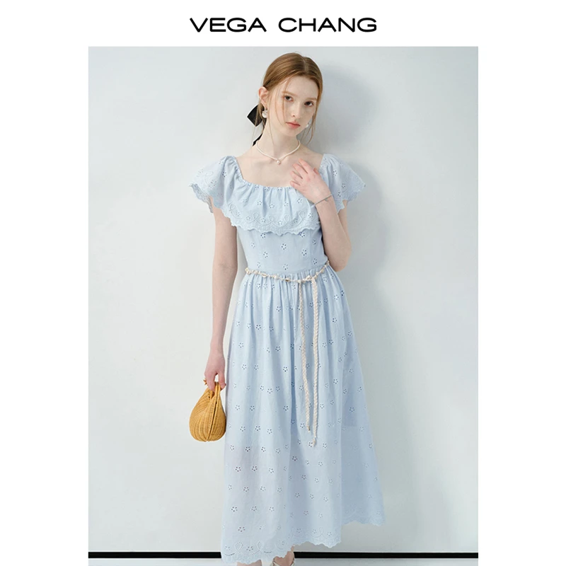 VEGA CHANG短袖连衣裙女2025新款夏季荷叶边方领绣花长裙0371LW