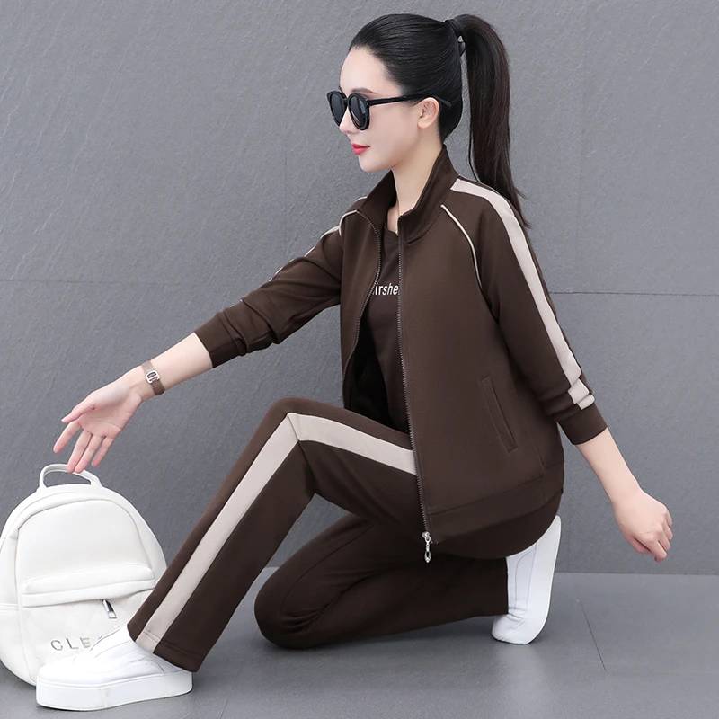 2025年爆款时尚休闲套装韩版运动套装平口裤条纹设计三件套装女