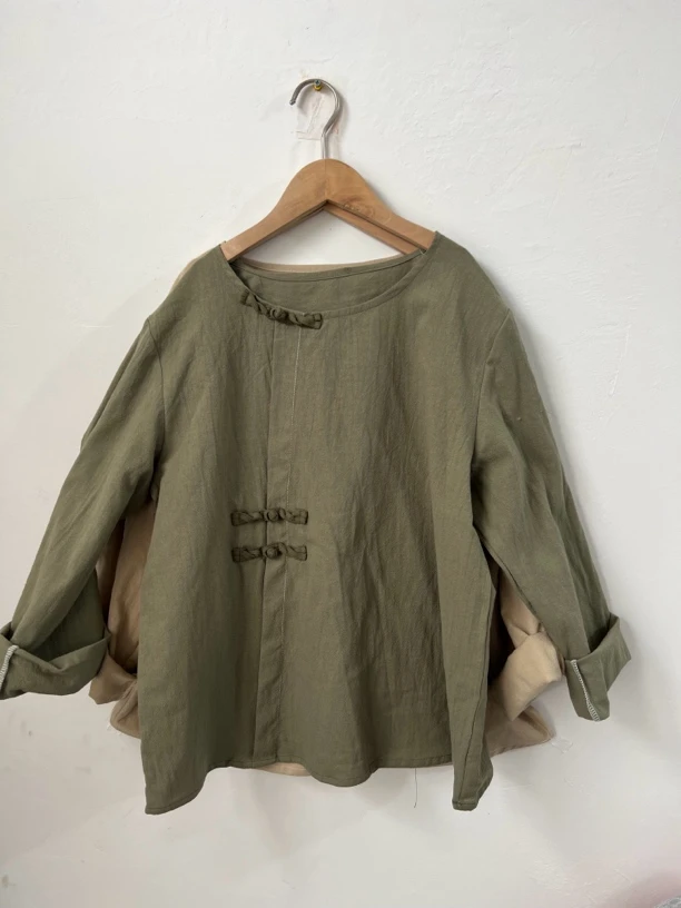复古文艺棉麻撞色手工盘扣新中式七分袖禅意小衫上衣