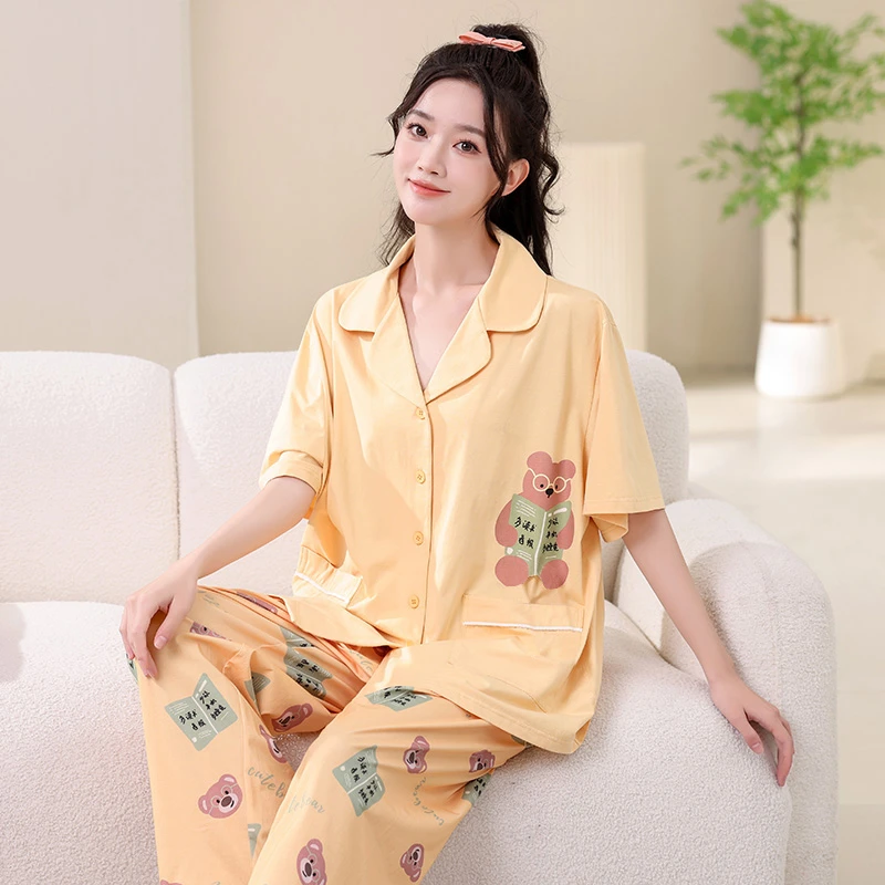 大码夏季新款女卡通小翻领短袖长裤宽松薄款长款加大睡衣套装