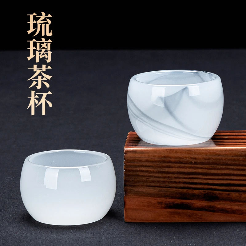 冰种琉璃创意水墨纹纯白喝茶杯高档加厚家用办公主人杯客杯琉璃杯