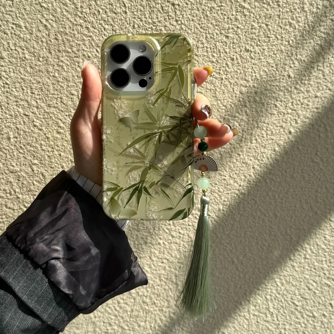 中国古风竹影手机保护壳适用苹果16全包15promax防摔带挂坠手机壳