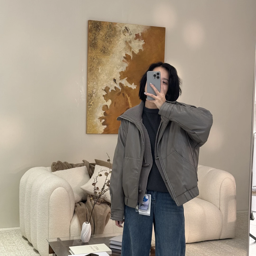 喜樂2024皮衣针织大翻领羽绒服冬季新款时尚百搭休闲韩版女士外套