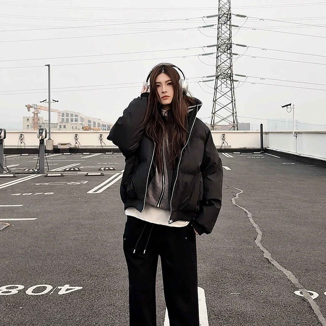 【现货+假两件】冬季连帽PU皮双拉链加厚棉服男女宽松保暖百搭外套