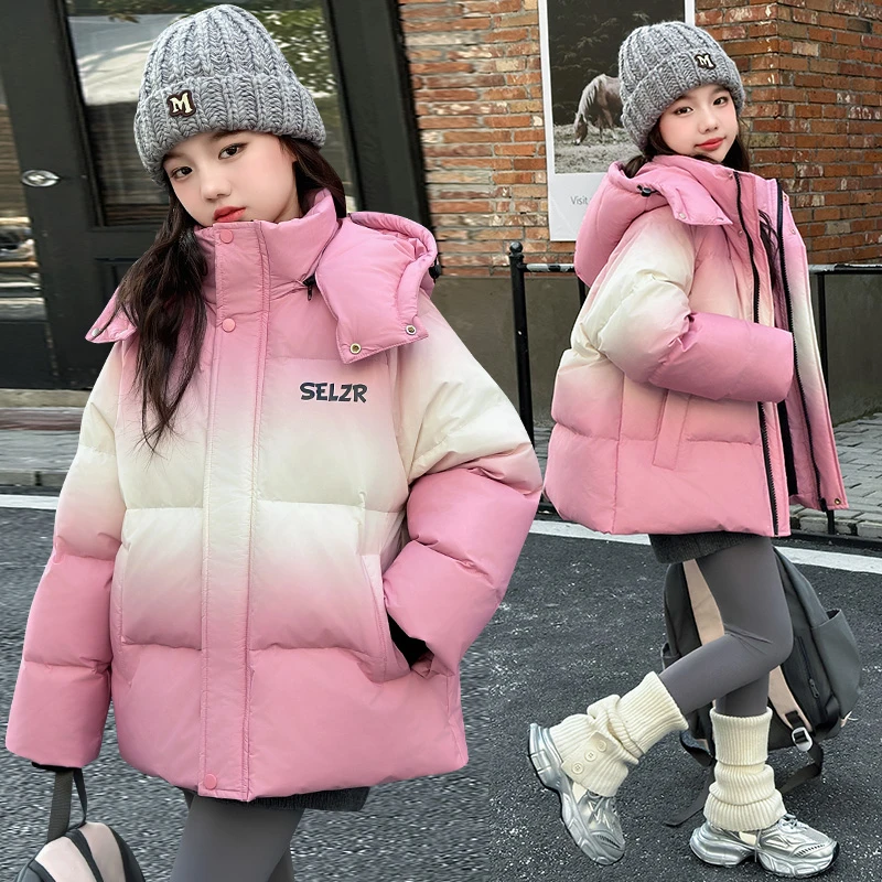 儿童女童韩版加厚连帽羽绒服2025中大童洋气宽松冬季保暖时尚外套