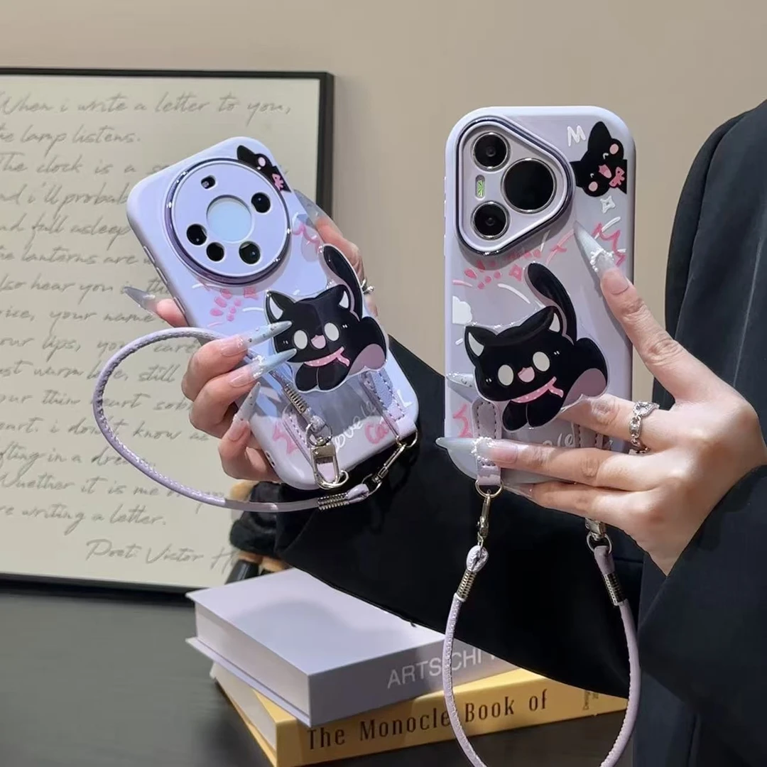 可爱小黑猫支架挂绳适用苹果17/16精孔胖子手机壳华为vivoppo小米