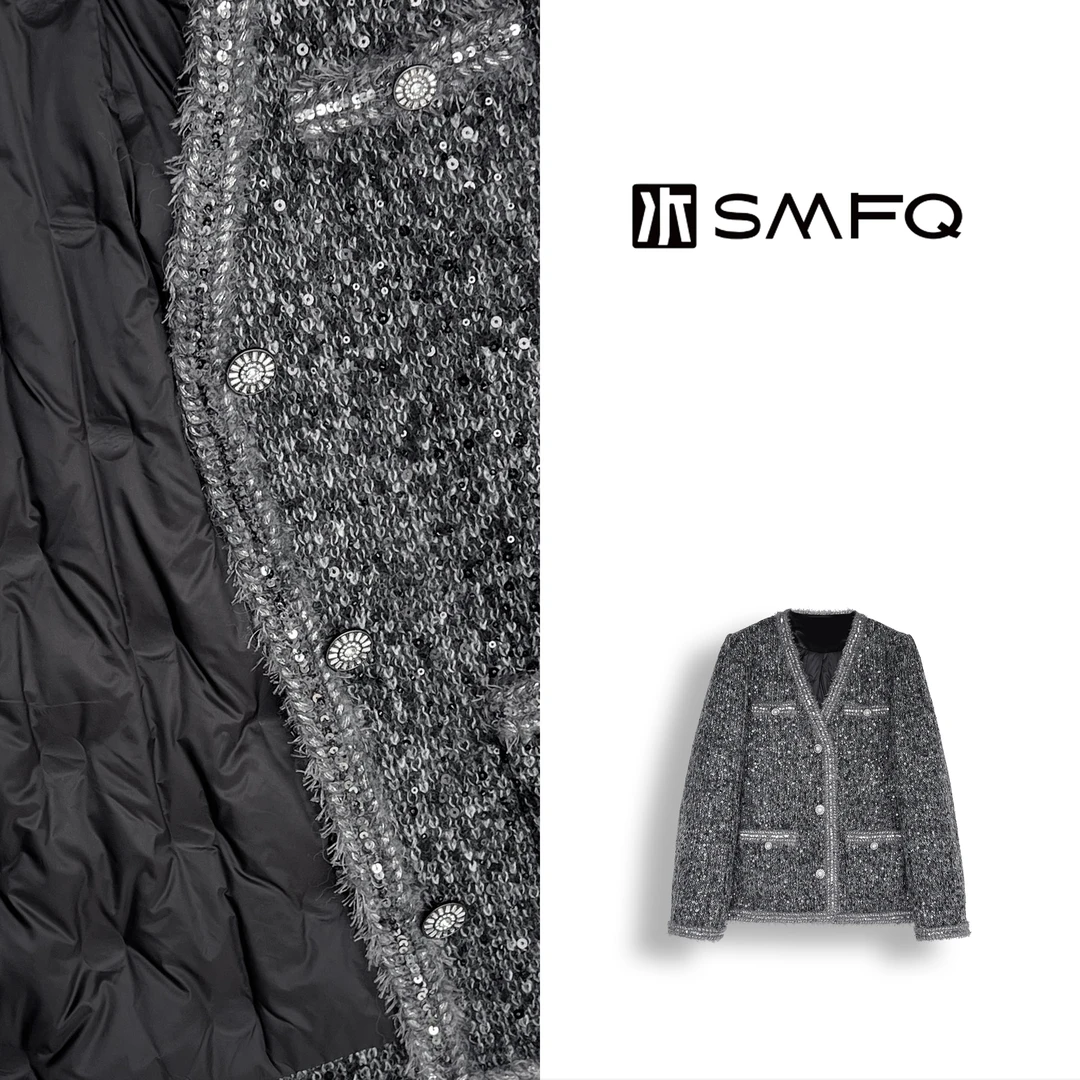 水木夫妻"白金秀场"绵羊毛V领轻奢小香风羽绒外套SM5742