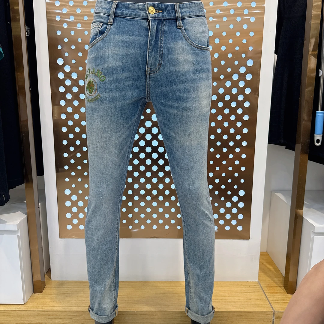 九狼谷 61308 水洗男直筒裤修身春夏款弹力刺绣男士牛仔裤中腰