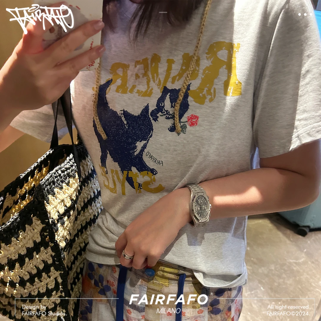 FAIRFAFO林肉肉【两只小猫】TXA44120时尚休闲百搭春夏圆领印花短袖