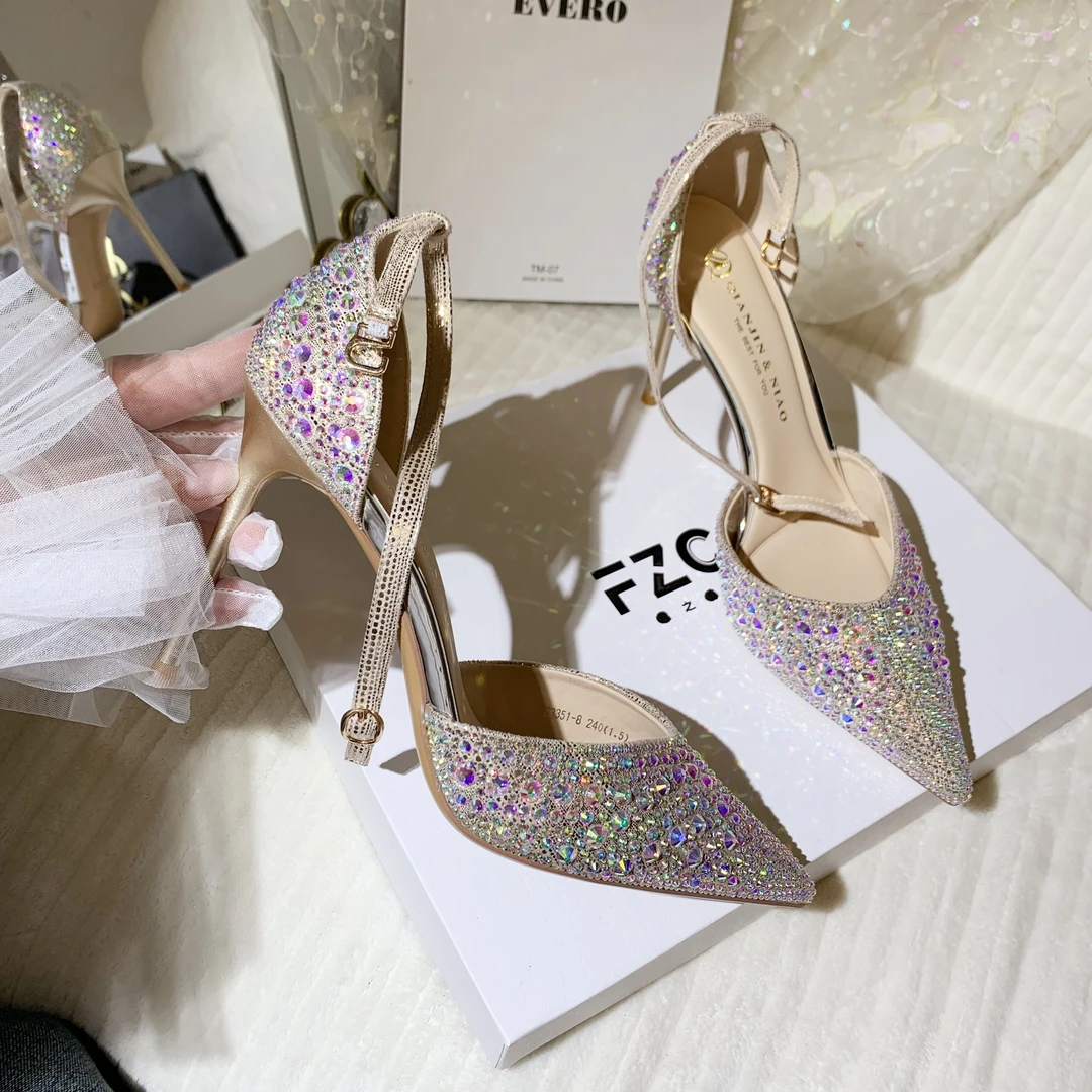 【8CM】满钻宴会浅口高跟鞋夏季细跟尖头仙女一字带高跟鞋RY3351-8