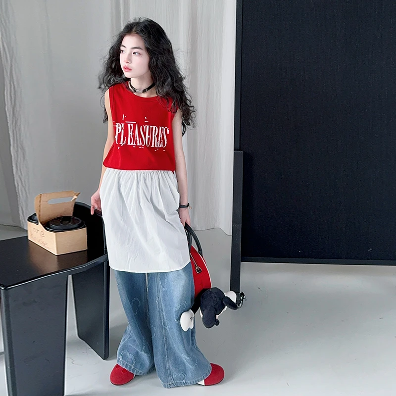 【酷哒仔】女童爱心牛仔裤字母背心两件套装2025夏季中大童潮酷范儿